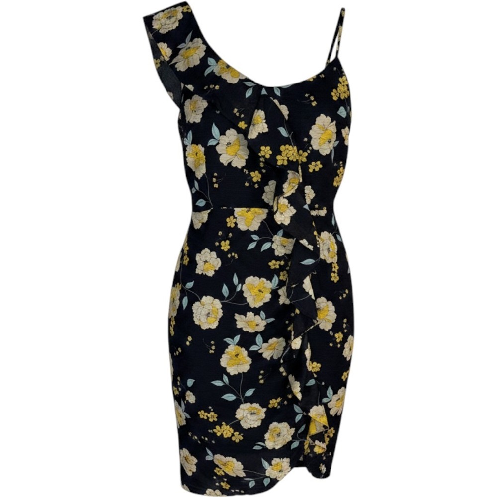 Cupcakes and Cashmere Floral One Shoulder Ruffle Mini Dress Black Yellow Sz XS